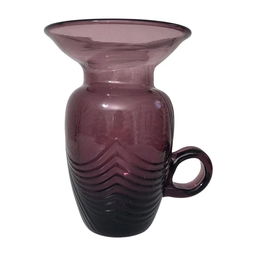 Vintage Amethyst Purple Hand Blown Art Glass Ribbed Chevron Vase RARE Handle
